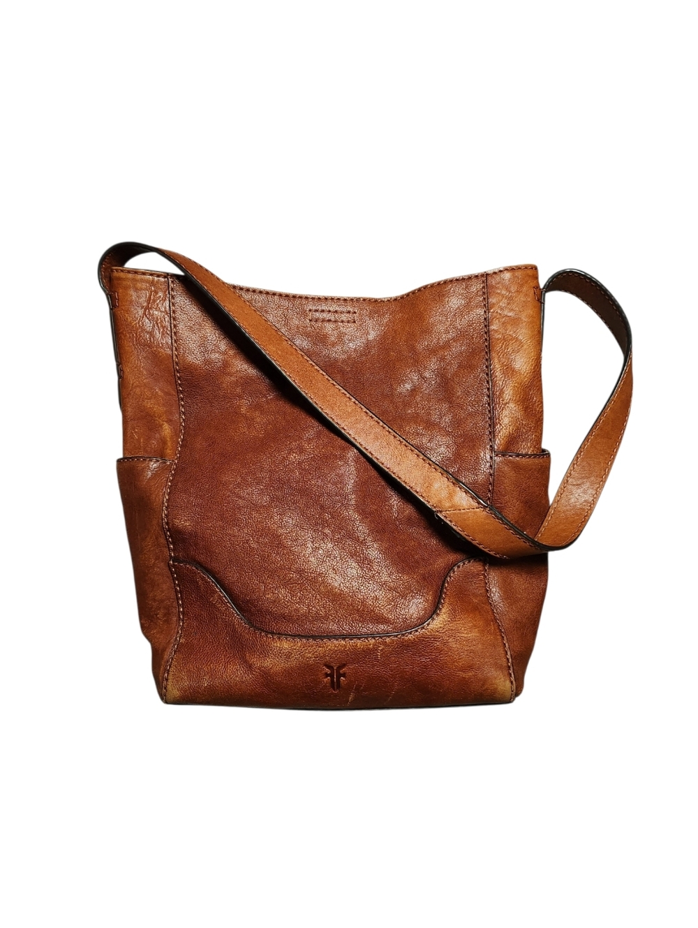 Frye Leather Side Pocket Hobo Bucket Shoulder Bag Cognac Brown Large